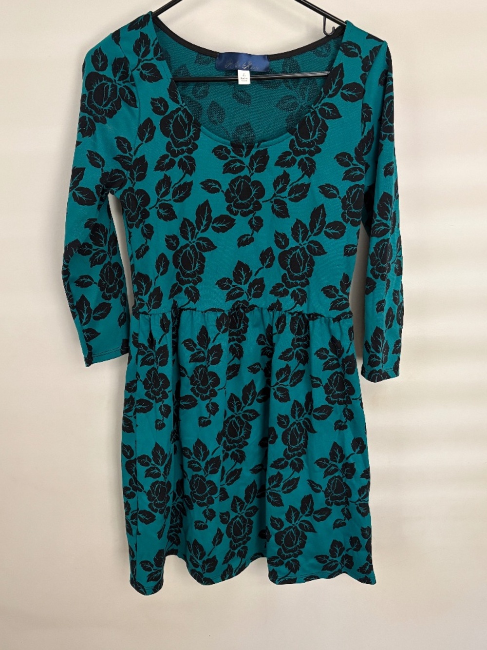 Blue Rain Vintage Rose Floral Skater Dress Size L 3/4 Sleeve Teal Black 🌹